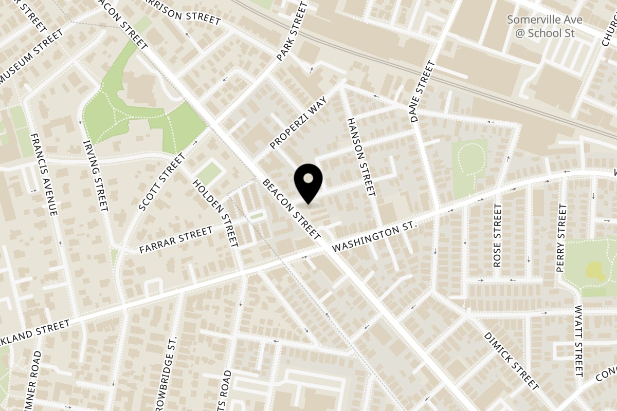 Map showing the location of Beacon Street Pizza on 147 Beacon St #3724 in Somerville